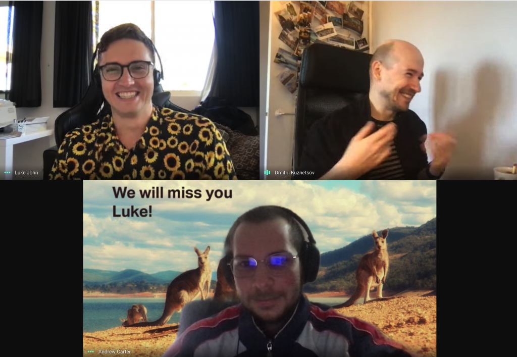 A picture of the Cosmos team hangout call for the standup meeting, on Luke Woollard's last day in Bumble